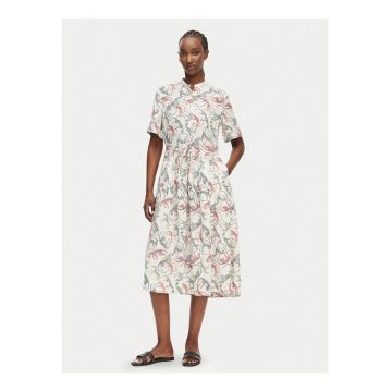 Rochie midi din in cu model si snur de ajustare in talie - Rosu/Alb murdar/Bleumarin