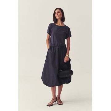 Rochie midi din jerseu cu croiala ballon si buzunare laterale - Bleumarin