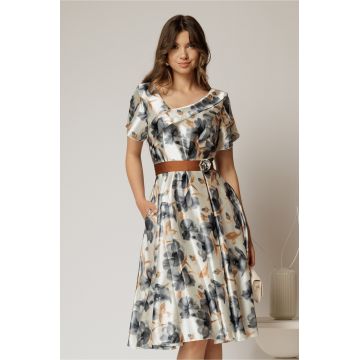 Rochie midi din satin cu imprimeuri gri si maro