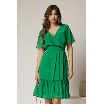 Rochie midi din voal verde cu decolteu petrecut cu volanase si maneci scurte