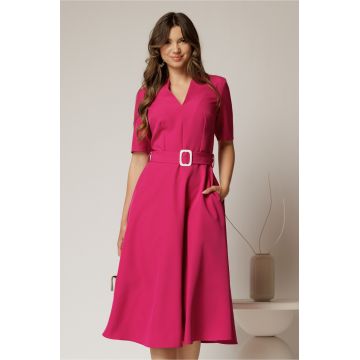 Rochie midi fucsia cu decolteu in V si cordon cu catarama in talie
