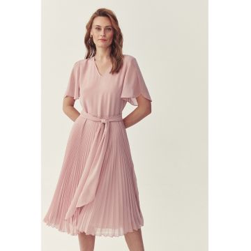 Rochie midi plisata cu maneci semitransparente - Roz stins