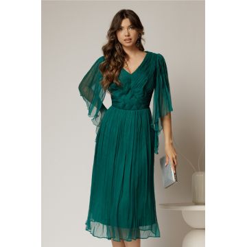 Rochie midi verde din matase clos si decolteu V