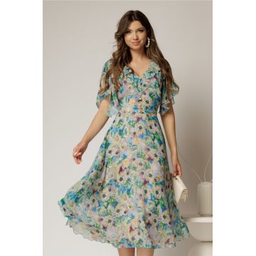 Rochie midi verde din voal cu imprimeuri lime si nasturi pe bust