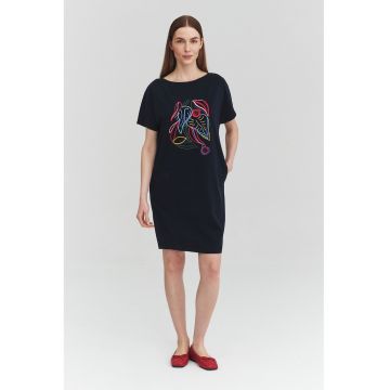 Rochie mini cu broderie si buzunare - Rosu/Albastru azur/Negru antracit