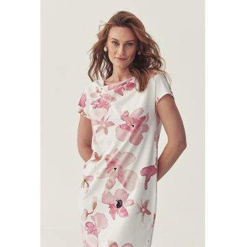Rochie mini cu croiala dreapta - model floral si decolteu drapat - Alb/Roz