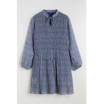 Rochie mini cu model si funda la guler - Albastru inchis melange