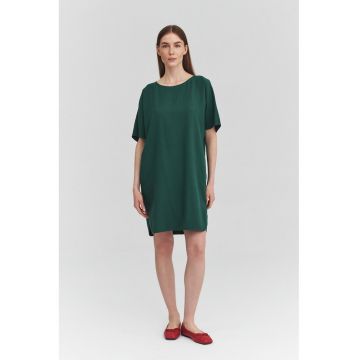 Rochie mini de in si lyocell cu maneci scurte - Verde padure