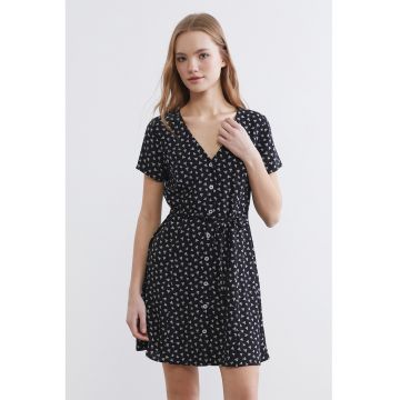 Rochie scurta cu decolteu in V si nasturi - Alb/Negru