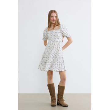 Rochie scurta cu decolteu patrat si segment cu insertie elastica - Alb/Lila