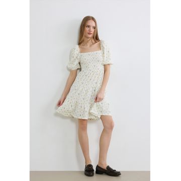 Rochie scurta cu decolteu patrat si segment cu insertie elastica - Alb/Verde/Galben
