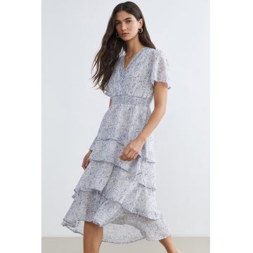 Rochie stratificata cu model si decolteu in V - Alb/Albastru