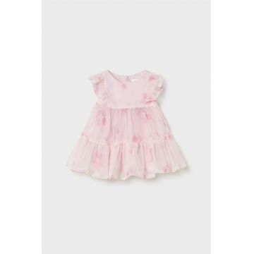 Rochie stratificata cu tul si model floral - Roz pal