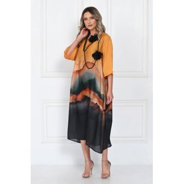 Colier lung, negru mat cu doua flori din organza
