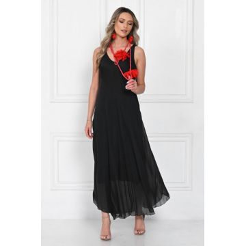 Colier lung, rosu mat cu doua flori din organza