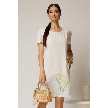 Rochie alba din in cu flori brodate si croi drept
