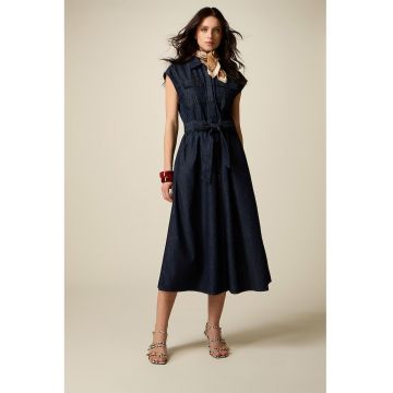 Rochie-camasa din denim cu strasuri - fara maneci - Bleumarin