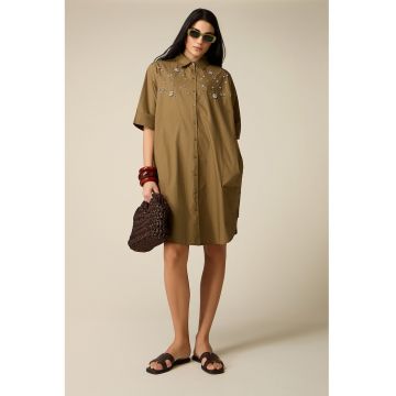 Rochie-camasa dreapta cu strasuri - Verde masliniu