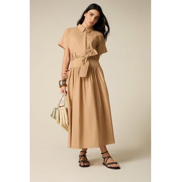 Rochie-camasa evazata cu cordon in talie - Bej inchis