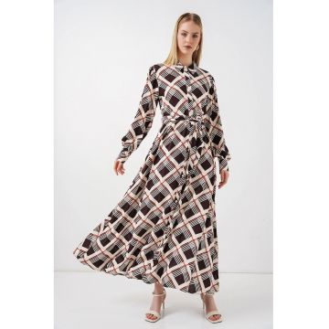 Rochie camasa midi -  carouri - maro - 100% viscoza