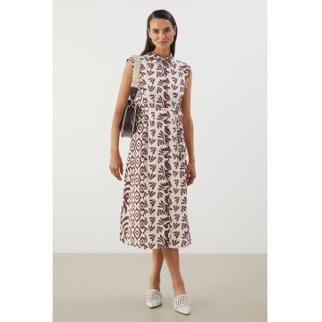 Rochie-camasa midi cu guler clasic - Caramiziu/Alb murdar
