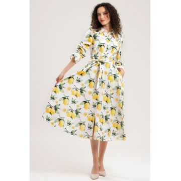 Rochie-camasa midi de bumbac - Alb/Galben deschis