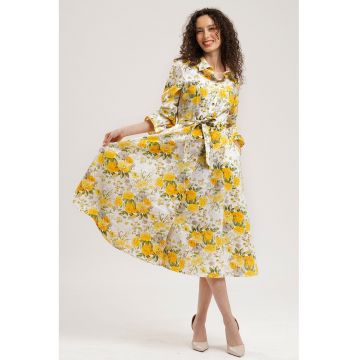 Rochie-camasa midi de bumbac - Alb/Galben mustar