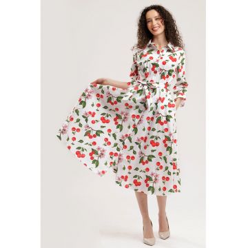 Rochie-camasa midi de bumbac - Rosu/Alb/Verde masliniu inchis
