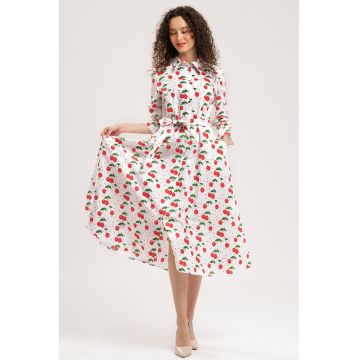 Rochie-camasa midi de bumbac - Rosu/Alb
