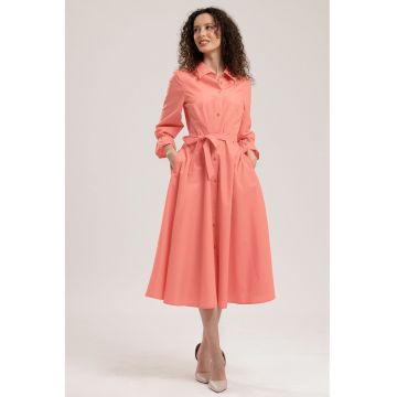 Rochie-camasa midi de bumbac - Rosu pastelat