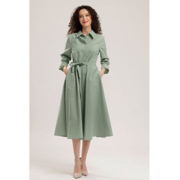 Rochie-camasa midi de bumbac - Verde fistic