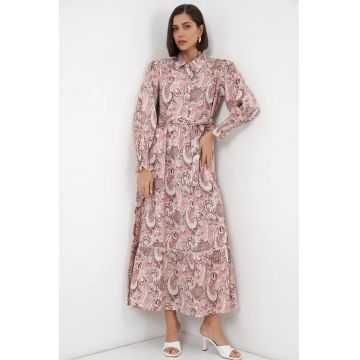 Rochie camasa midi  imprimeu paisley - roz - viscoza - cu cordon