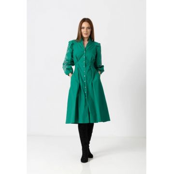 Rochie camasa tip tunica verde cu broderie computerizata si maneci bufante