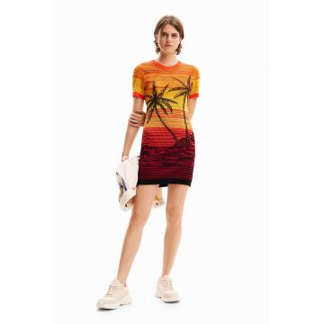 Rochie cambrata cu model - Galben/Rosu inchis/Portocaliu mandarina