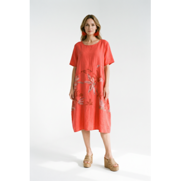 Rochie corai din in si vascoza cu croi balon si imprimeu floral ton-sur-ton