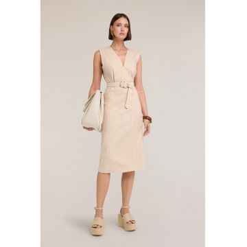 Rochie cu decolteu in V si dungi - Crem