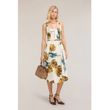 Rochie cu decolteu patrat si model floral - Verde/Alb fildes/Portocaliu