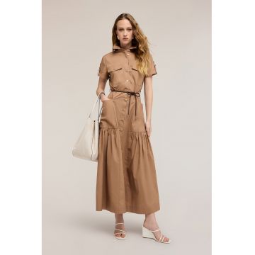 Rochie cu guler ascutit si buzunare - Maro deschis