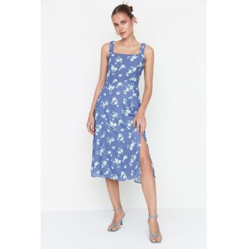 Rochie cu model floral si decolteu patrat - Alb/Verde/Albastru indigo