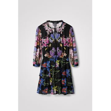 Rochie cu model floral si volane stratificate - Multicolor