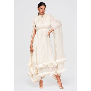 Rochie de seara maxi eleganta cu detalii din volan LA-OM-DLR405 - Ecru