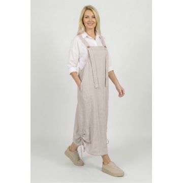 Rochie de vara tip sarafan lung cu bretele si snur reglabil, amestec de in cu vascoza bej