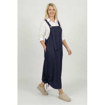 Rochie de vara tip sarafan lung cu bretele si snur reglabil, amestec de in cu vascoza bleumarin