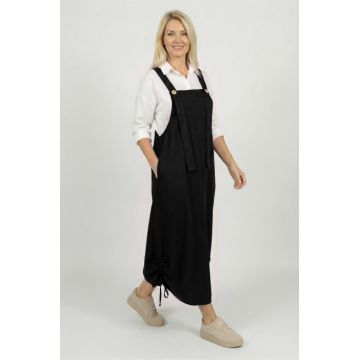 Rochie de vara tip sarafan lung cu bretele si snur reglabil, amestec de in cu vascoza neagra