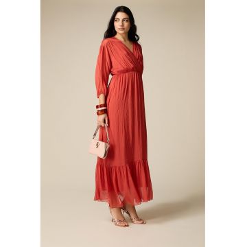 Rochie din amestec de matase cu decolteu in V - Rosu