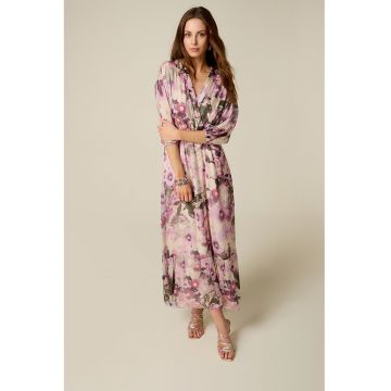 Rochie din amestec de matase cu model floral - Lila/Roz orhidee