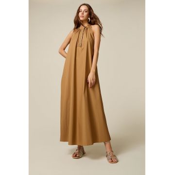 Rochie din bumbac cu detaliu bijuterie - Maro camel