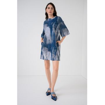 Rochie din bumbac organic cu model tie-dye - Albastru oceanic/Bleumarin