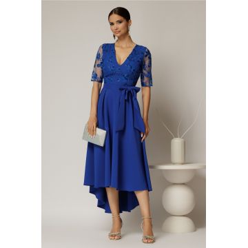 Rochie DY Fashion asimetrica albastra cu dantela cu paiete la bust si funda ampla