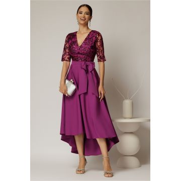 Rochie DY Fashion asimetrica mov cu dantela cu paiete la bust si funda ampla